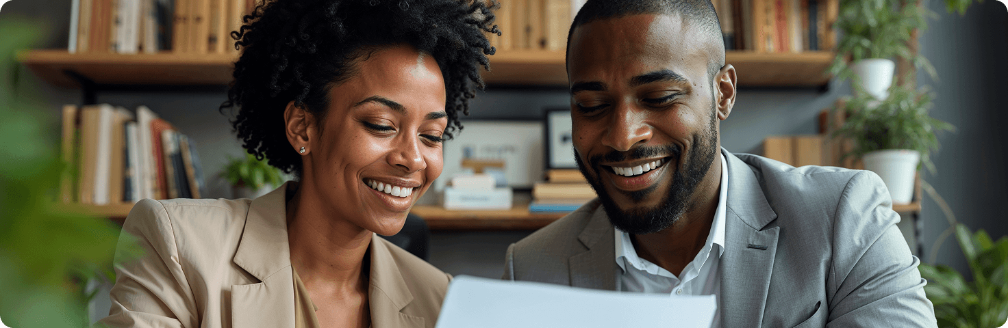 Happy clients reviewing loan